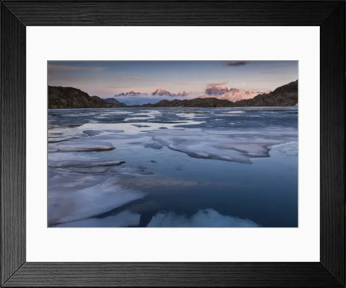 Framed Print : Brenta Dolomites at sunset seen from the Black Lake during the thaw, Adamello-Brenta Framed Print : Brenta Dolomites at sunset seen from the Black Lake during the thaw, Adamello-Brenta