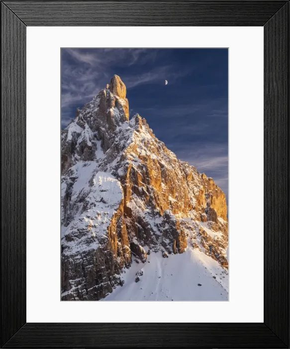 Framed Print : Winter sunset with moon over Cimon della Pala, Trentino Alto Adige, Italy Framed Print : Winter sunset with moon over Cimon della Pala, Trentino Alto Adige, Italy