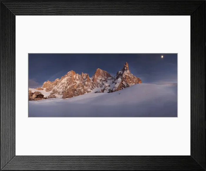 Framed Print : Pale di San Martino in winter with full moon seen from the Segantini hut, Trentino Alto Adige Framed Print : Pale di San Martino in winter with full moon seen from the Segantini hut, Trentino Alto Adige