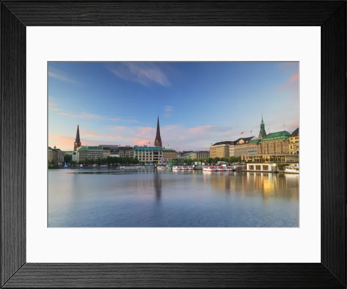 Framed Print : Skyline of Binnenalster Lake at dawn, Hamburg, Germany Framed Print : Skyline of Binnenalster Lake at dawn, Hamburg, Germany