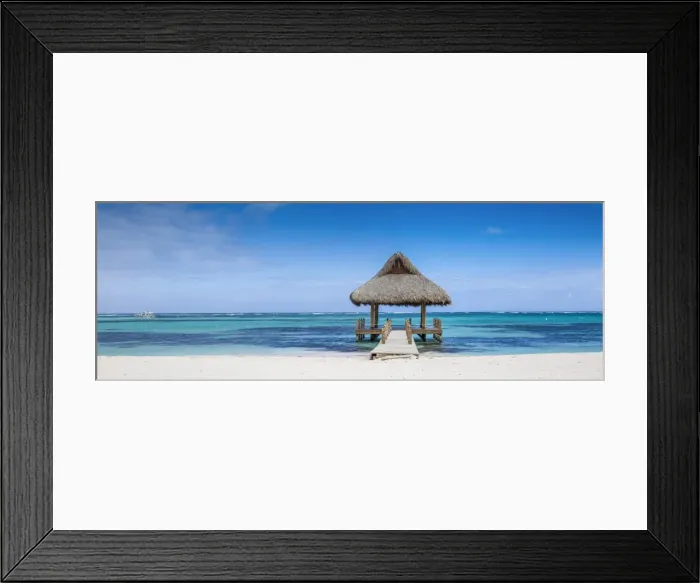 Framed Print : Dominican Republic, Punta Cana, Playa Blanca, Wooden pier with thatched hut Framed Print : Dominican Republic, Punta Cana, Playa Blanca, Wooden pier with thatched hut