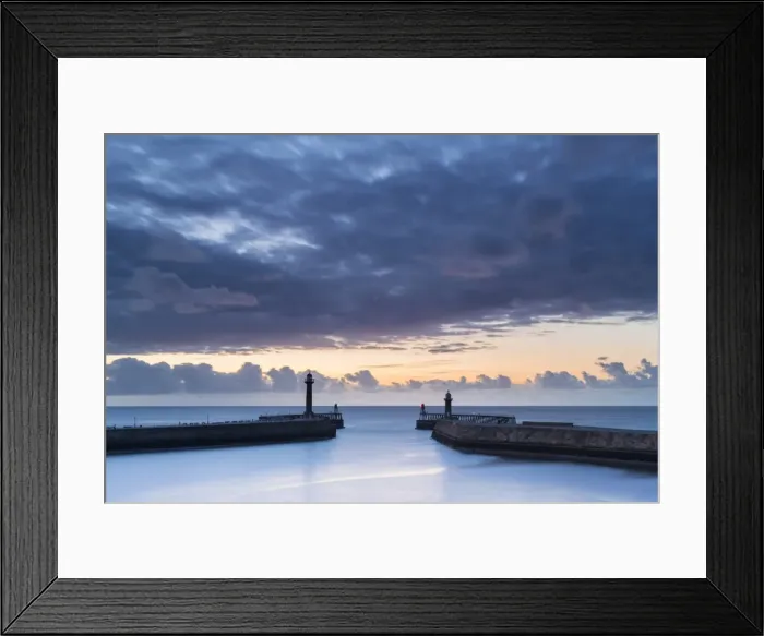 Framed Print : United Kingdom, England, North Yorkshire, Whitby. The Piers at dusk Framed Print : United Kingdom, England, North Yorkshire, Whitby. The Piers at dusk