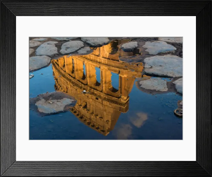 Framed Print : Colosseum or Coliseum reflected in a puddle at sunset, Rome, Lazio, Italy Framed Print : Colosseum or Coliseum reflected in a puddle at sunset, Rome, Lazio, Italy