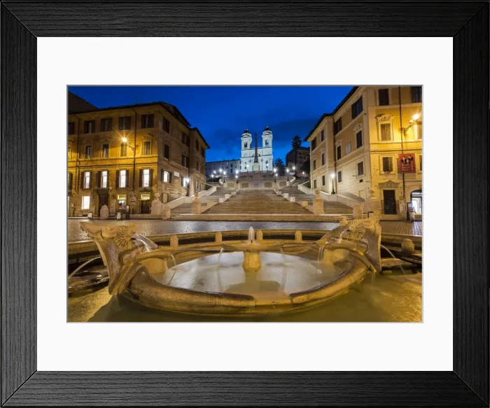 Framed Print : Night view of Fontana della Barcaccia and Spanish Steps, Piazza di Spagna, Rome, Lazio