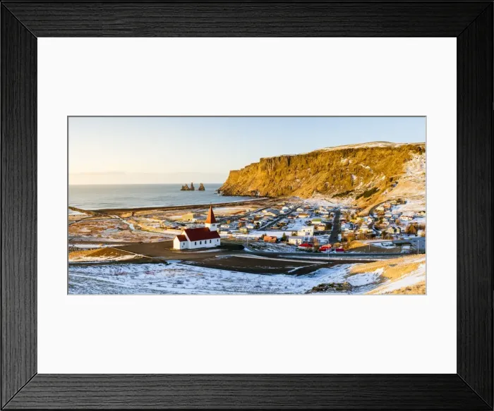 Framed Print : Vik i Myrdal, Southern Iceland, Iceland. Panoramic high angle view over Viks church Framed Print : Vik i Myrdal, Southern Iceland, Iceland. Panoramic high angle view over Viks church