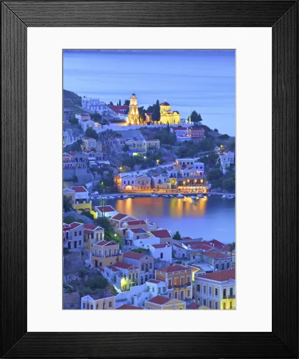 Framed Print : Boats In Symi Harbour From Elevated Angle At Dusk, Symi, Dodecanese, Greek Islands Framed Print : Boats In Symi Harbour From Elevated Angle At Dusk, Symi, Dodecanese, Greek Islands