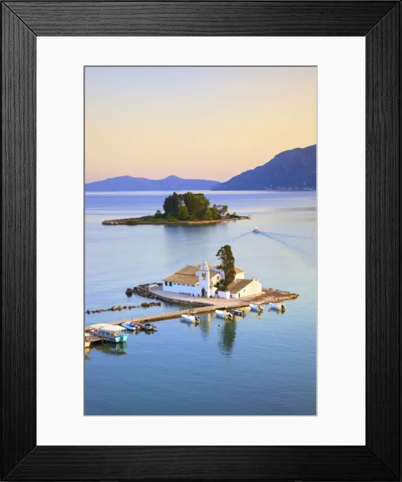 Framed Print : Elevated View to Vlacherna Monastery and the Church of Pantokrator on Mouse Island Framed Print : Elevated View to Vlacherna Monastery and the Church of Pantokrator on Mouse Island