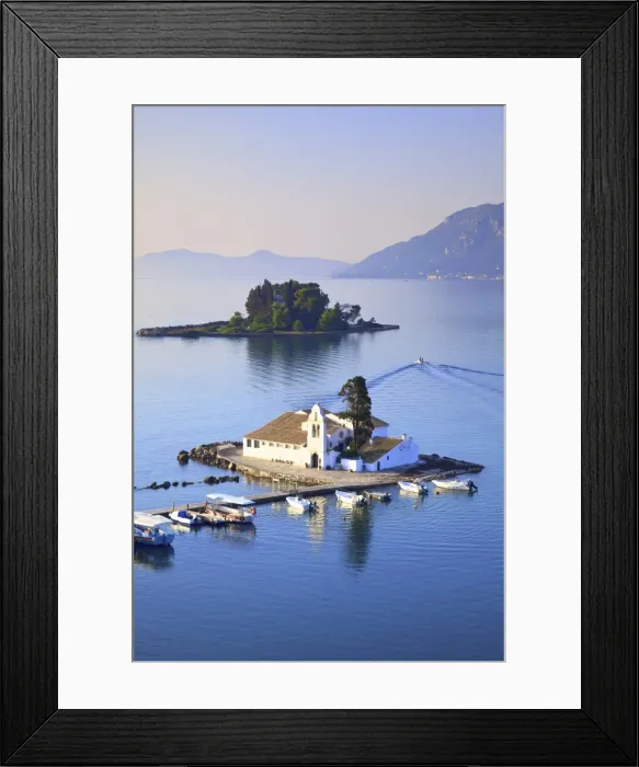 Framed Print : Elevated View to Vlacherna Monastery and the Church of Pantokrator on Mouse Island