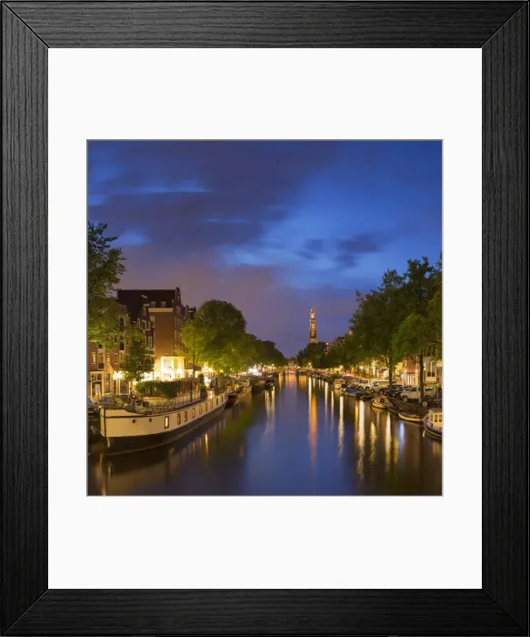 Framed Print : Prinsengracht canal and Westerkerk at dusk, Amsterdam, Netherlands