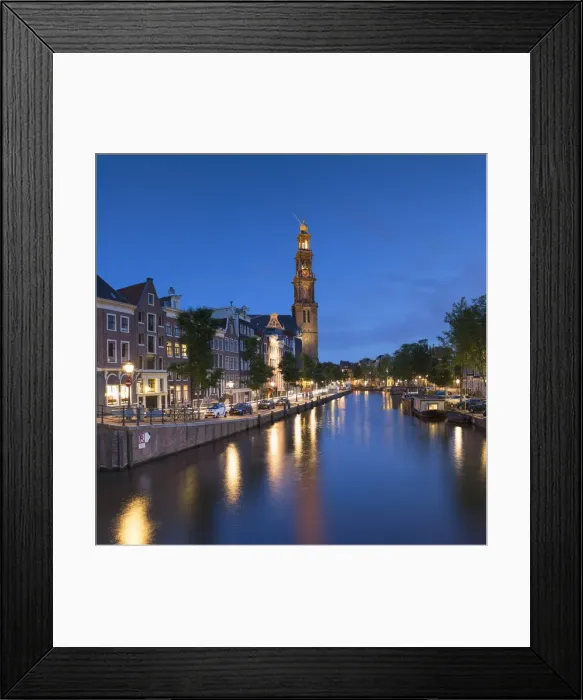 Framed Print : Prinsengracht canal and Westerkerk at dusk, Amsterdam, Netherlands Framed Print : Prinsengracht canal and Westerkerk at dusk, Amsterdam, Netherlands