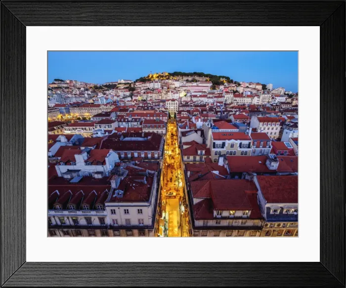 Framed Print : Portugal, Lisbon, Miradouro de Santa Justa, Twilight view over downtown and Santa