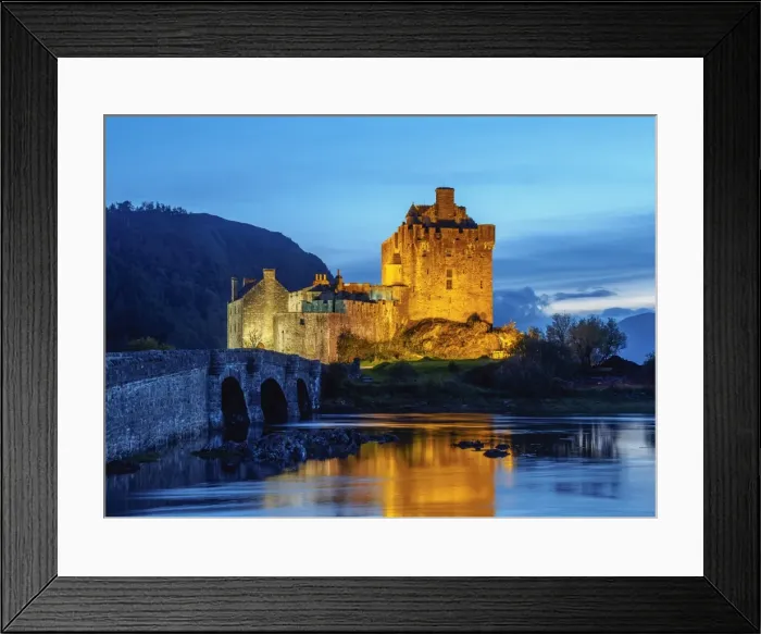Framed Print : UK, Scotland, Highlands, Dornie, Twilight view of the Eilean Donan Castle Framed Print : UK, Scotland, Highlands, Dornie, Twilight view of the Eilean Donan Castle