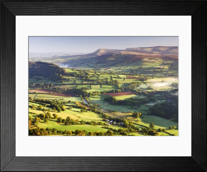 Framed Print : Morning sunshines illuminates the patchwork fields in the Usk Valley, looking towards Framed Print : Morning sunshines illuminates the patchwork fields in the Usk Valley, looking towards