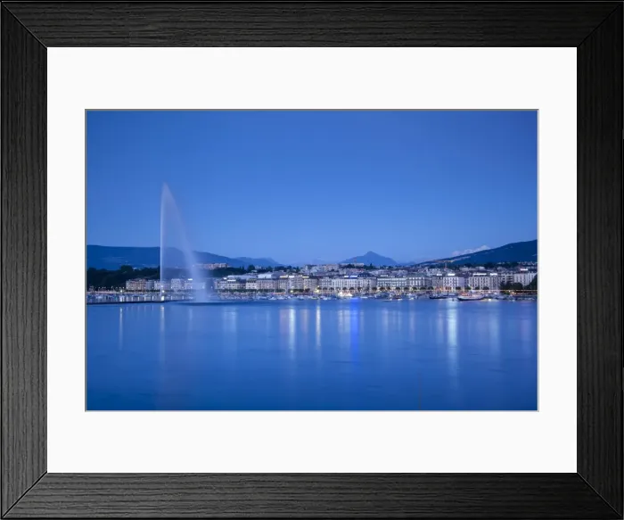 Framed Print : Jet d eau on Lake Geneva, Mont Blanc in the distance, Geneva, Switzerland