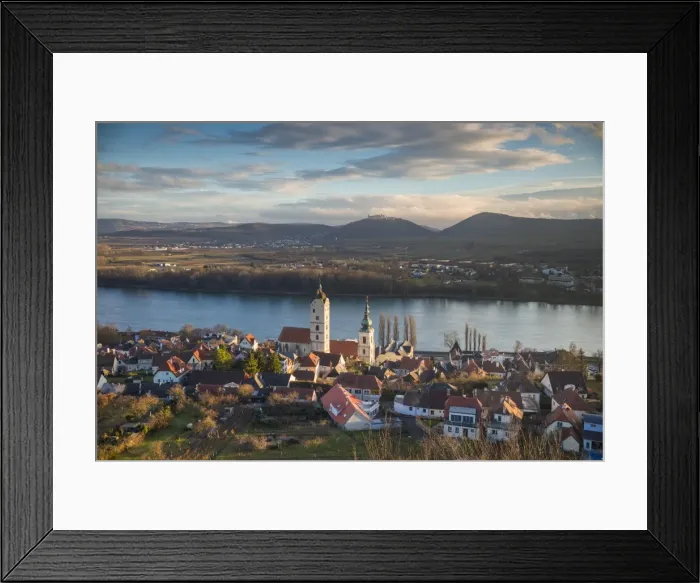 Framed Print : Austria, Lower Austria, Stein an der Donau, elevated view of town and Danube River Framed Print : Austria, Lower Austria, Stein an der Donau, elevated view of town and Danube River
