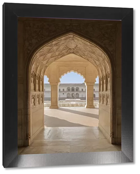 India, Uttar Pradesh, Agra, Agra Fort, view of the Anguri Bagh gardens from the interior