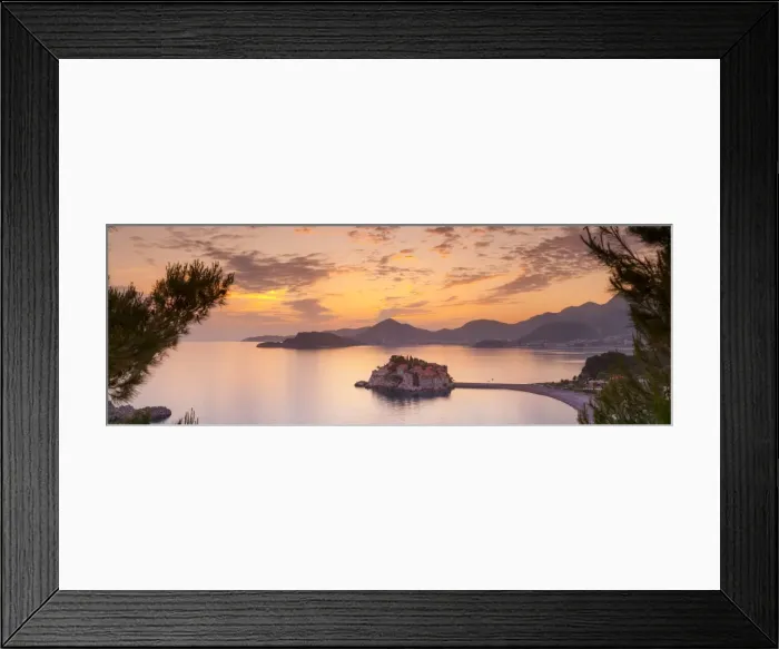 Framed Print : The picturesque island village of Sveti Stephan illuminated at sunset, Sveti Stephan Framed Print : The picturesque island village of Sveti Stephan illuminated at sunset, Sveti Stephan