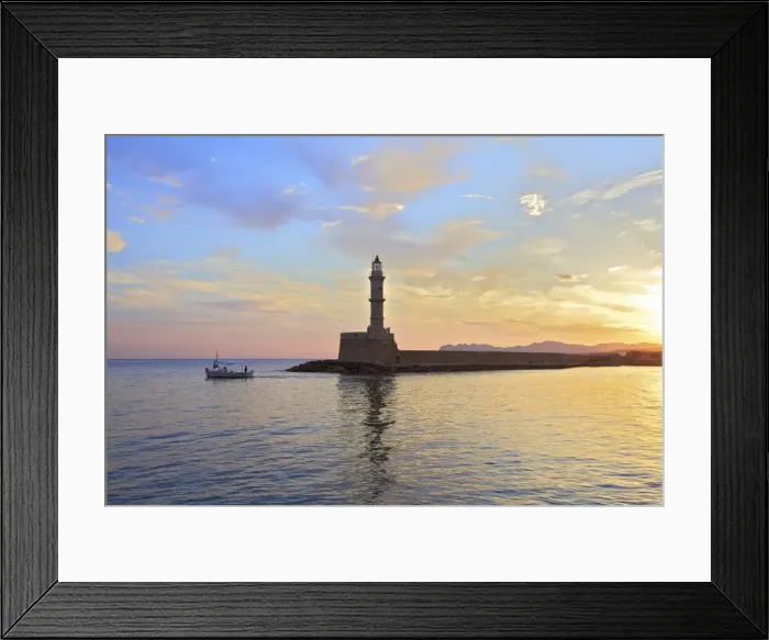 Framed Print : The Light House and Fishing Boat in The Venetian Harbour at Sunrise, Chania, Crete