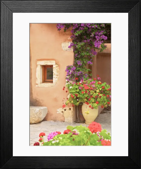 Framed Print : Old Building with Bougainvillea and Geraniums, Crete, Greek Islands, Greece, Europe