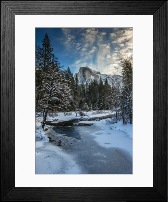 Framed Print : Winter view over icy Tenaya creek with Half Dome mountain behind, Yosemite National Park Framed Print : Winter view over icy Tenaya creek with Half Dome mountain behind, Yosemite National Park