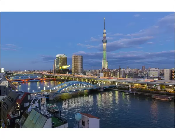 Japan, Tokyo, city skyline and Skytree on the Sumida River