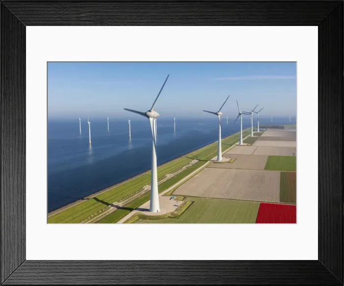Framed Print : Aerial view of wind turbines at sea, North Holland, Netherlands Framed Print : Aerial view of wind turbines at sea, North Holland, Netherlands