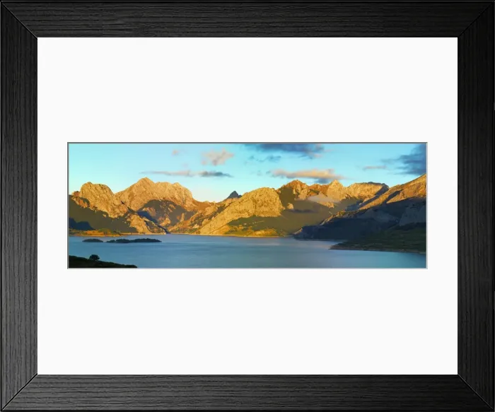 Framed Print : Spain, Castile and Leon, Riano, Embalse de Riano (Dam) beneath Picos de Europa at dawn