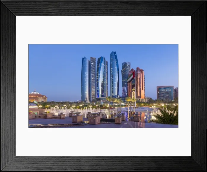 Framed Print : Etihad Towers time lapse viewed over the fountains of the Emirates Palace Hotel, Abu Dhabi Framed Print : Etihad Towers time lapse viewed over the fountains of the Emirates Palace Hotel, Abu Dhabi