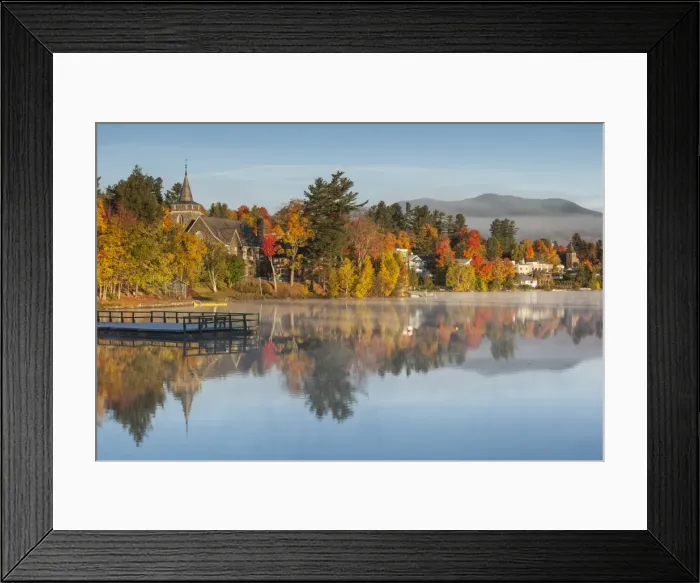 Framed Print : USA, New York, Adirondack Mountains, Lake Placid, Mirror Lake fog at dawn
