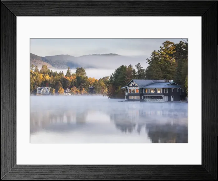 Framed Print : USA, New York, Adirondack Mountains, Lake Placid, Mirror Lake fog at dawn Framed Print : USA, New York, Adirondack Mountains, Lake Placid, Mirror Lake fog at dawn
