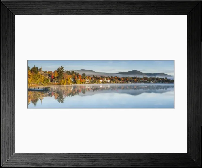 Framed Print : USA, New York, Adirondack Mountains, Lake Placid, Mirror Lake fog at dawn