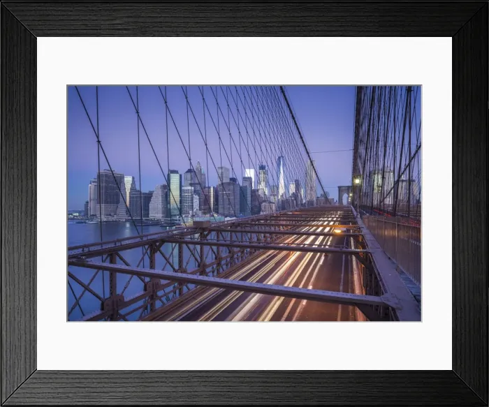 Framed Print : USA, New York, New York City, Brooklyn-Dumbo, Brooklyn Bridge traffic, dawn Framed Print : USA, New York, New York City, Brooklyn-Dumbo, Brooklyn Bridge traffic, dawn