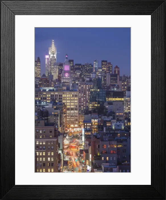 Framed Print : USA, New York, New York City, Lower Manhattan, elevated view of SoHo, dusk Framed Print : USA, New York, New York City, Lower Manhattan, elevated view of SoHo, dusk