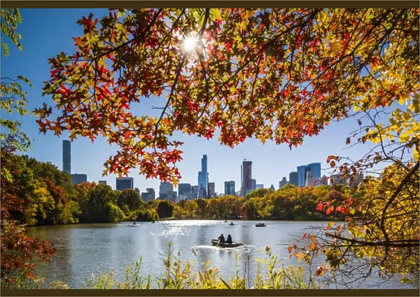 USA, New York, New York City, Central Park, rowing on The Lake, autumn