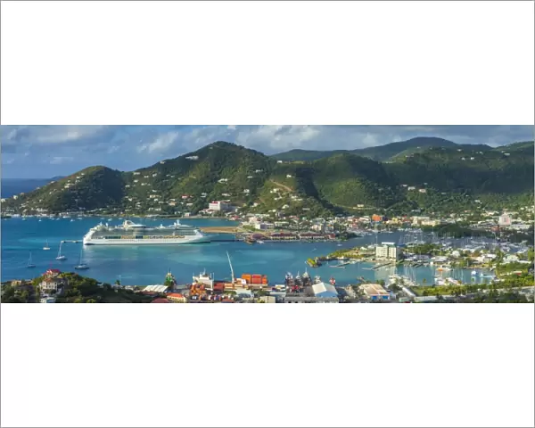British Virgin Islands, Tortola, Road Town, elevated town view with cruiseship