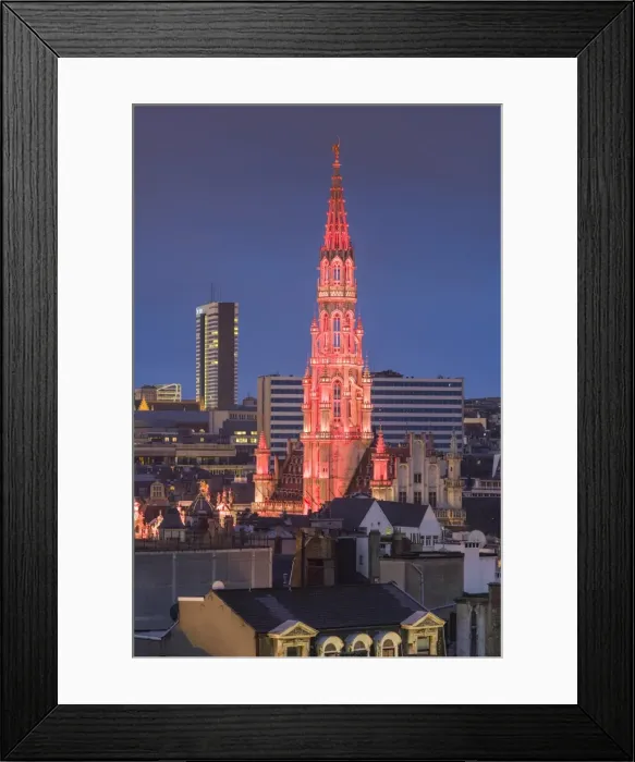 Framed Print : Belgium, Brussels, Grand Place, elevated skyline with Hotel de Ville, dusk Framed Print : Belgium, Brussels, Grand Place, elevated skyline with Hotel de Ville, dusk
