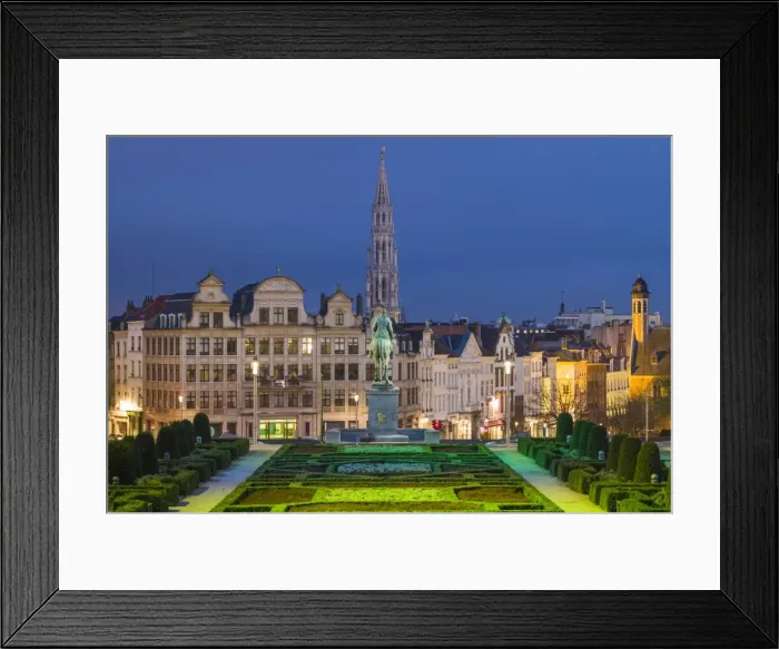 Framed Print : Belgium, Brussels, Mont des Arts, city skyline with Hotel de Ville tower, dawn Framed Print : Belgium, Brussels, Mont des Arts, city skyline with Hotel de Ville tower, dawn