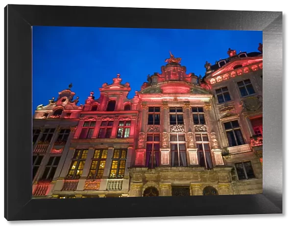 Belgium, Brussels, Grand Place, evening illumination of the Guild Halls