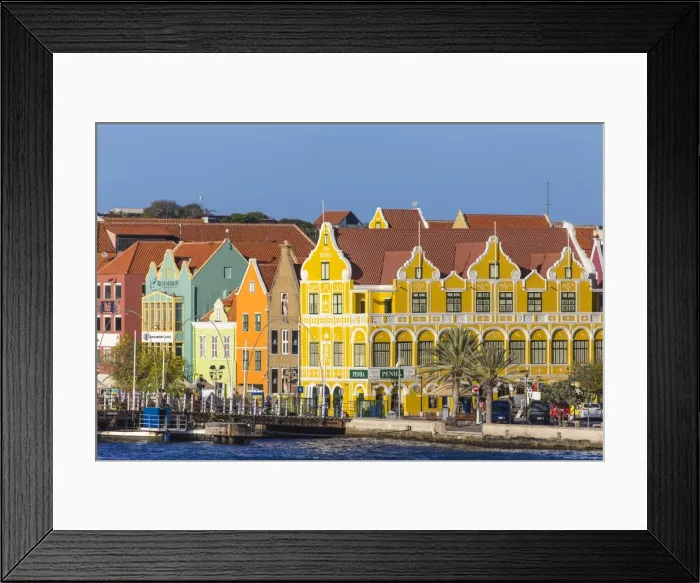 Framed Print : Curacao, Willemstad, Queen Emma pontoon bridge and colonial merchant houses lining Framed Print : Curacao, Willemstad, Queen Emma pontoon bridge and colonial merchant houses lining