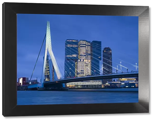 Netherlands, Rotterdam, Erasmusbrug bridge and new commerical towers at the renovated docklands