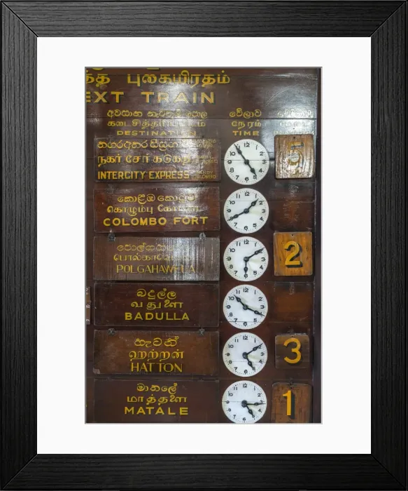 Framed Print : Train timetable, Kandy tain station, Sri Lanka Framed Print : Train timetable, Kandy tain station, Sri Lanka