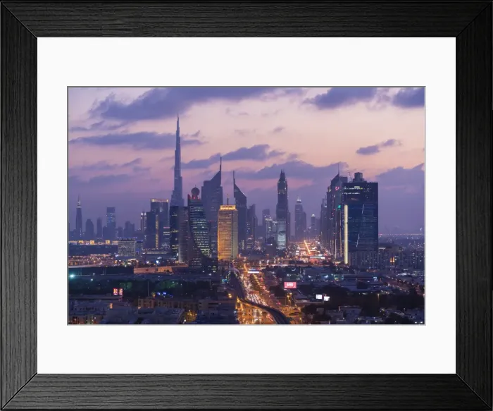 Framed Print : View of downtown Dubai at dusk, United Arab Emirates, U. A. E Framed Print : View of downtown Dubai at dusk, United Arab Emirates, U. A. E