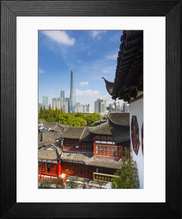 Framed Print : YuYuan Gardens and Bazaar with the Shanghai Tower behind, Old Town, Shanghai, China Framed Print : YuYuan Gardens and Bazaar with the Shanghai Tower behind, Old Town, Shanghai, China