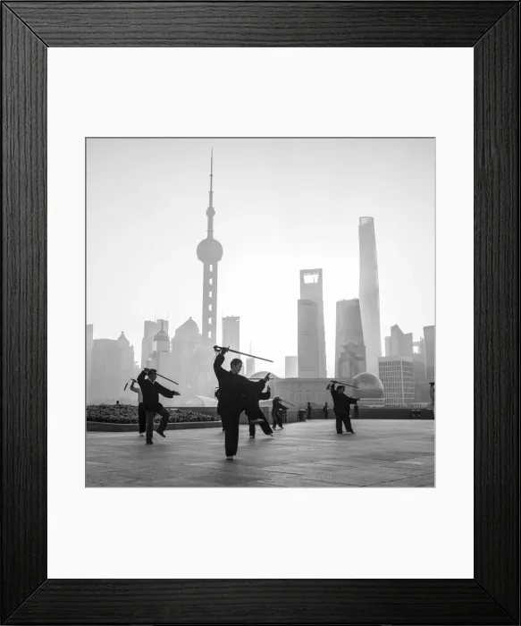 Framed Print : Tai Chi on The Bund (with Pudong skyline behind), Shanghai, China Framed Print : Tai Chi on The Bund (with Pudong skyline behind), Shanghai, China