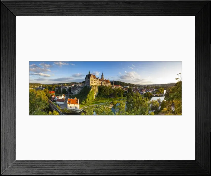 Framed Print : Elevated view towards Sigmaringen Castle illuminated at sunset, Swabia, Baden Wurttemberg Framed Print : Elevated view towards Sigmaringen Castle illuminated at sunset, Swabia, Baden Wurttemberg