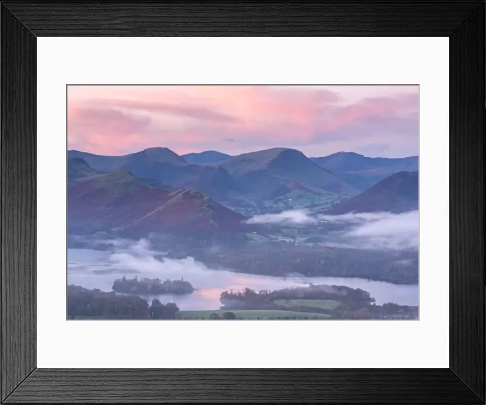 Framed Print : Misty sunrise over Derwent Water and the Newlands Valley, Lake District, Cumbria, England Framed Print : Misty sunrise over Derwent Water and the Newlands Valley, Lake District, Cumbria, England