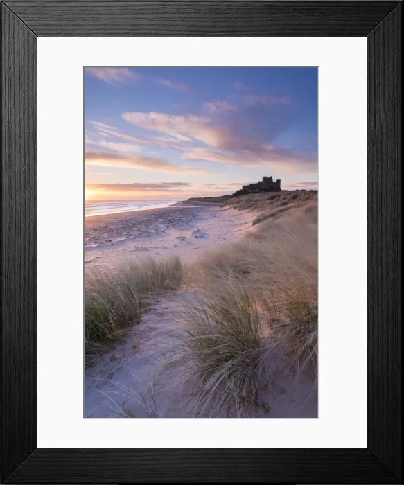 Framed Print : Sunrise over Bamburgh Beach and Castle from the sand dunes, Northumberland, England