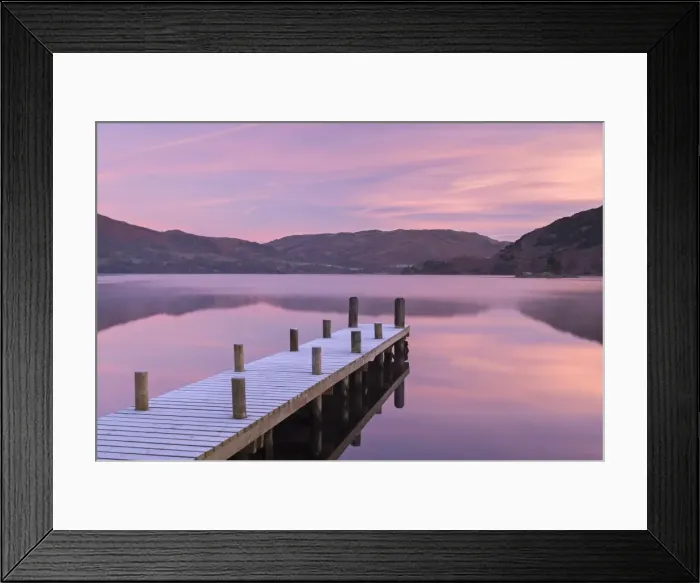 Framed Print : Frosty wooden jetty on Ullswater at dawn, Lake District, Cumbria, England. Winter