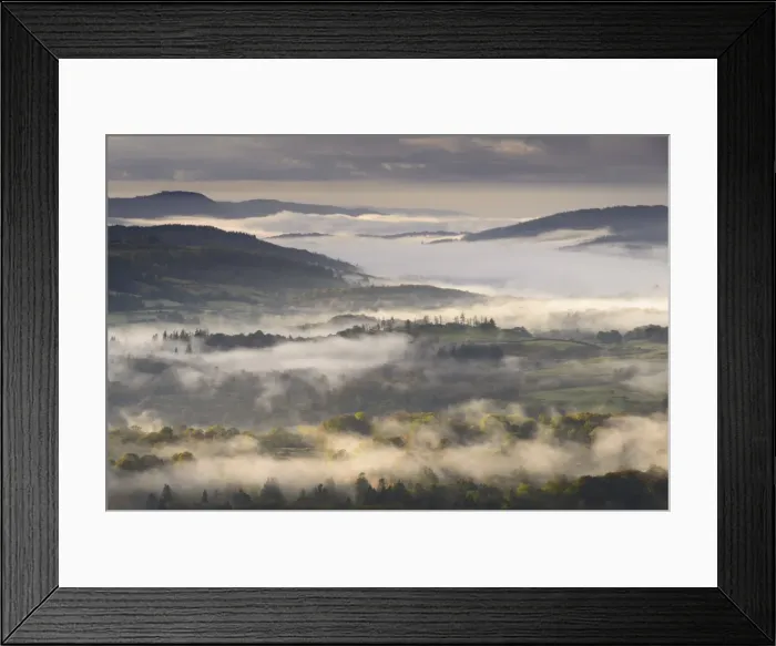 Framed Print : Mist covered Lake District countryside at dawn, Cumbria, England. Autumn (October)