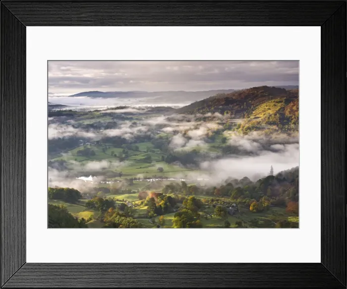 Framed Print : Patches of morning mist float above countryside near the River Brathay, Lake District National Park Framed Print : Patches of morning mist float above countryside near the River Brathay, Lake District National Park